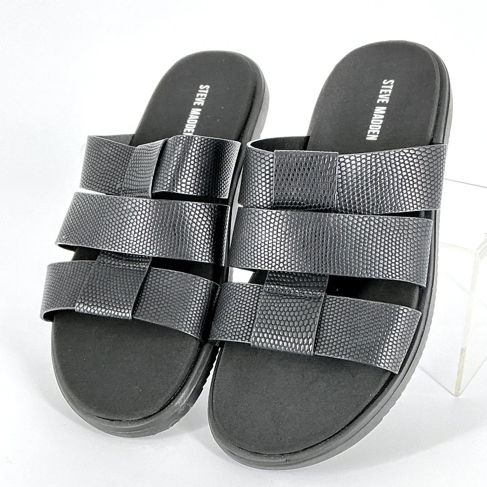 Steve‎ Madden Mens Size 9 Shoal Black Textured Triple Strap Slides Sandals